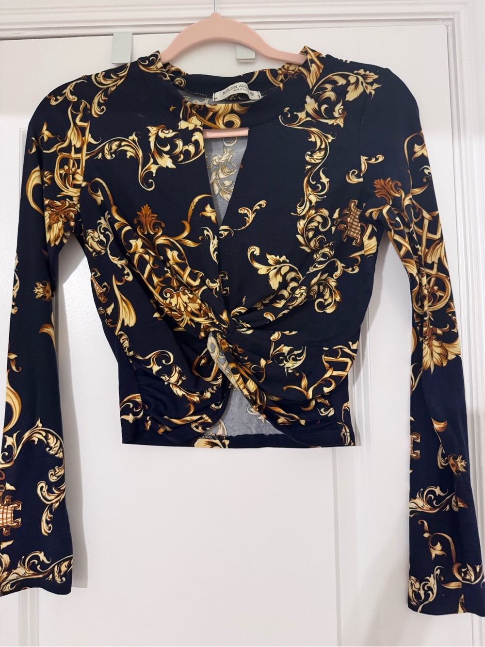 Baroque-Print Twist Front Long Sleeve Top - Black/Gold